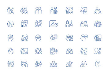 Line icons for coaching, training, mentoring, education, teamwork, and meetings. Editable outline stroke symbols representing professional development, collaboration, learning, guidance, and growth