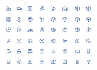 Minimalist courier and shipping linear icons with editable strokes, featuring symbols for express delivery, order tracking, warehouse logistics, business parcels, box handling, packaging and more.