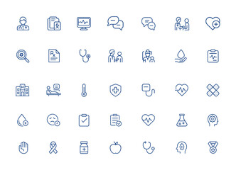 Minimal health checkup icons pack featuring doctor, diagnosis, consultation, examination, and wellness symbols for medical, healthcare, clinical, treatment, and patient care icons, vector.