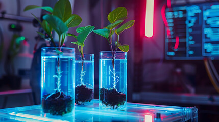 Discovering innovative plant growth in futuristic laboratory setting with vibrant neon lighting and data screens