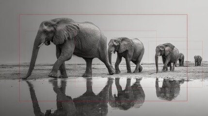 Fototapeta premium A herd of elephants walking gracefully near a reflective water source in monochrome.