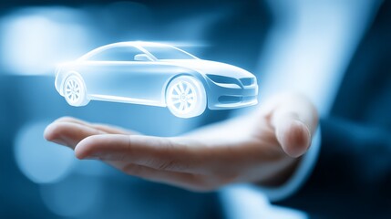 A holographic car projected above a hand, showcasing innovation and digital design.