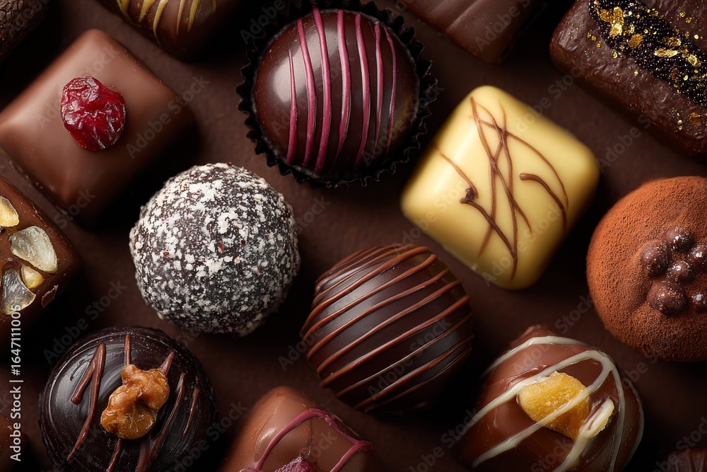 Poster overhead close-up view of various gourmet chocolates arranged on a brown surface, creating a visuall