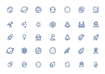 Minimal thin line astronomy icons, editable vector illustration of planets, space, cosmos, asteroid, universe linear signs, celestial bodies, star, galaxy, orbit, telescope, solar system, © Vintage Studio