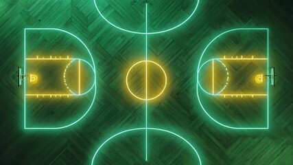 Neon yellow and turquoise lines are illuminating a basketball court placed on a green wooden floor, creating a vibrant and futuristic sports scene - Powered by Adobe