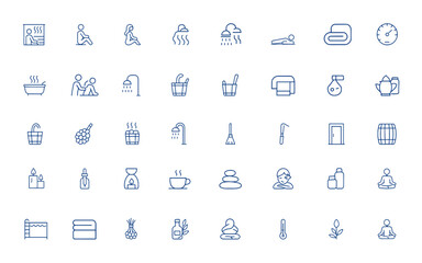 Minimal linear sauna icons featuring editable vector symbols for steam room, relaxation, therapy, bath, massage, and spa essentials. Pixel perfect wellness and health icons, calm and more.
