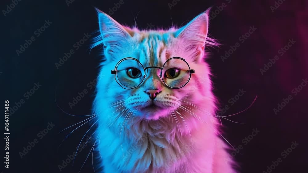 Poster close-up portrait featuring a fluffy cat sporting round glasses, illuminated by vibrant neon lights,