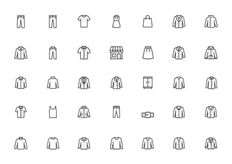 Clothes line icons with thin minimalist vector design, featuring pants, jeans, fashion symbols, store elements, apparel, wardrobe, outfit, garment, style, textile, UI icons and more.