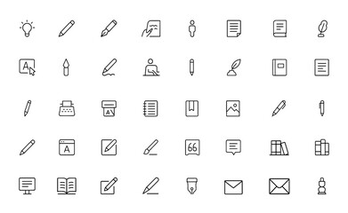 Minimalistic thin linear icons for writing and literature, featuring creativity, handwriting, pencil, book, page, art, and UI design, modern digital symbols, education, author tools and more.