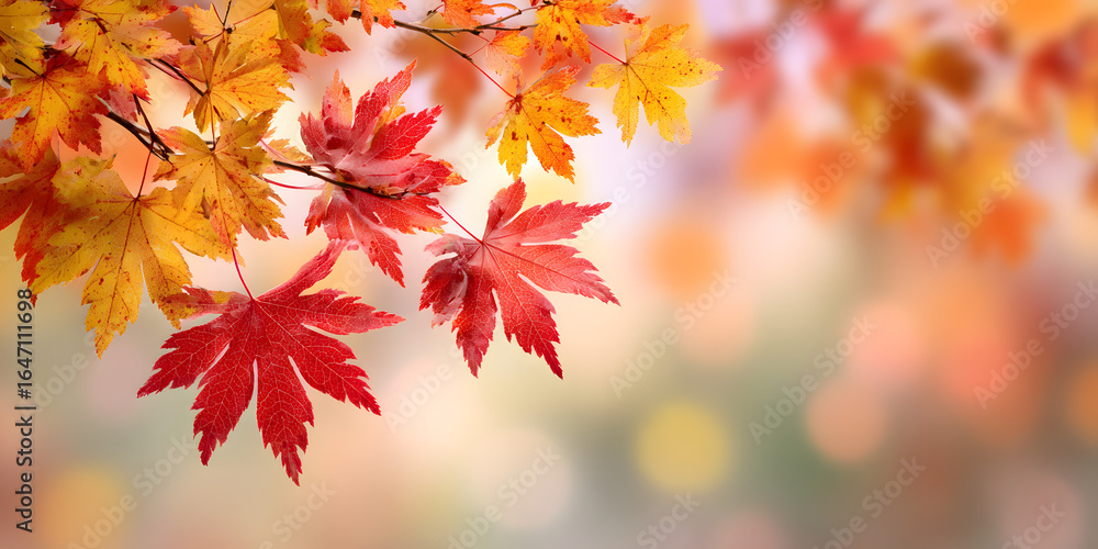 Aufkleber web banner design for autumn season and end year activity with red and yellow maple leaves with soft