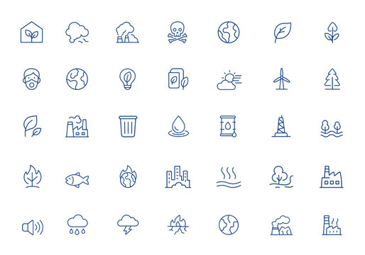 Modern linear pollution icons with eco outline symbols. Environment and ecology icon collection featuring greenhouse, dust, air quality, sustainability, nature, clean energy and more.