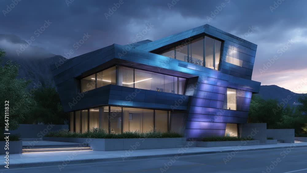 Poster futuristic building exterior view in twilight with captivating architectural design and smooth camer