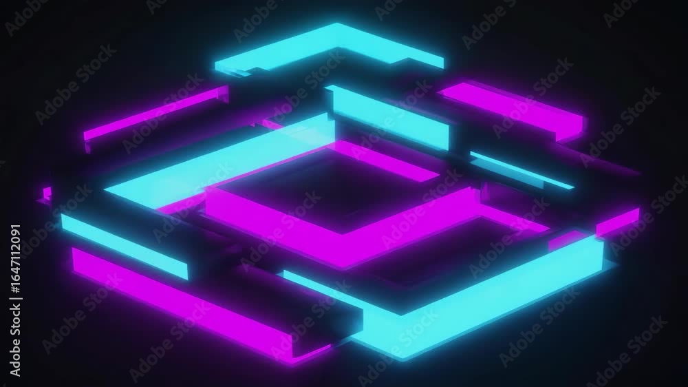 Poster complex geometric structure made of overlapping neon purple and blue rectangular shapes is glowing o