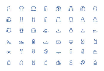 Minimalist linear dress icon set featuring fashion, garment, suit, cloth, wear signs, and editable stroke vector art for style, clothing, outfit, apparel, wardrobe, tailoring, trend and more.