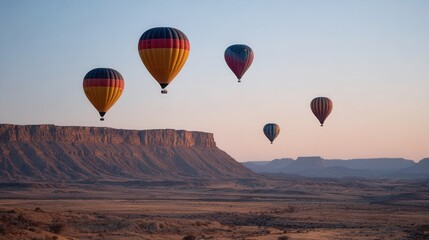 Obraz premium Colorful hot air balloons float over desert landscape at sunrise.