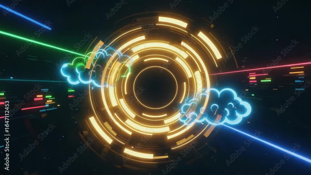 Poster two neon clouds are orbiting a futuristic portal with data streams shooting across the dark backgrou