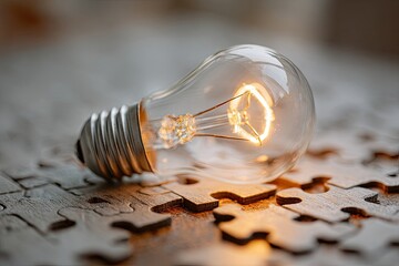 Illuminated lightbulb on a jigsaw puzzle