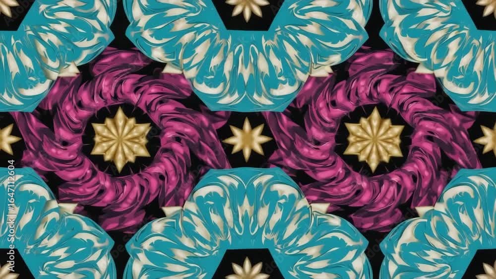 Poster vibrant teal, magenta, and gold abstract swirls and stars intertwining create a captivating seamless