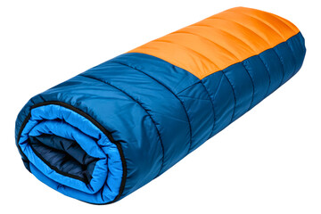 Rolled up blue and orange sleeping bag for camping and hiking isolated with transparent background