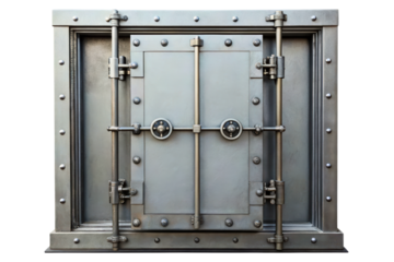 Heavy steel bank vault door with a secure double locking mechanism isolated with transparent background