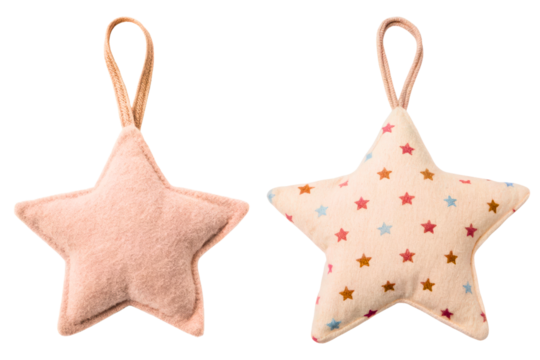 Two handmade soft fabric star ornaments with hanging loops isolated with transparent background