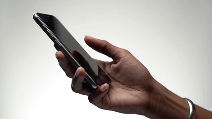 A person holding a smartphone with a blank screen against a white background in a close up view - Powered by Adobe