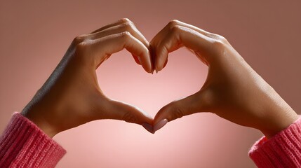 Fototapeta premium Hands Forming Heart Gesture Against a Soft Pink Background Expressing Love and Connection