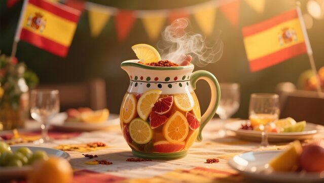 Spanish Sangria Pitcher with Citrus Fruits and Flags on a Festive Table Setting