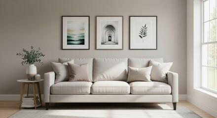 A beautifully staged living room interior featuring a comfortable neutraltoned sofa, elegant artwork, and natural light streaming through a large window