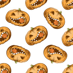 Hand drawn vintage seamless pattern of halloween pumpkin jack o lantern with pepper in mouth in orange color