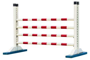 Equestrian show jumping obstacle with red and white striped poles isolated with transparent background