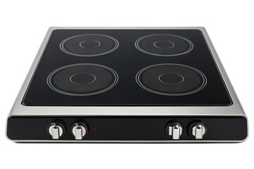 Fototapeta premium Modern four-burner electric cooktop with stainless steel trim isolated with transparent background