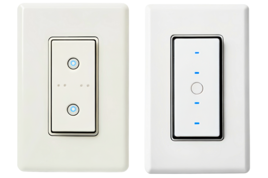 Pair of modern white smart light switches for home automation isolated with transparent background