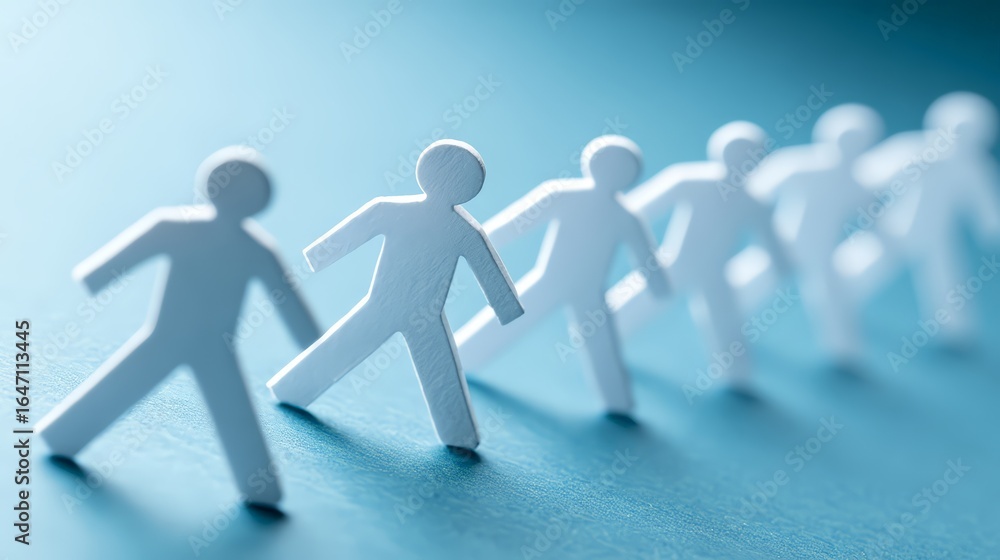 Poster a row of white paper figures symbolizing teamwork and unity on a blue background.