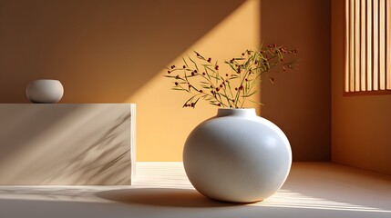 Minimalist White Vase with Flowers in a Sunlit Interior Casting Soft Shadows and Warm Tones
