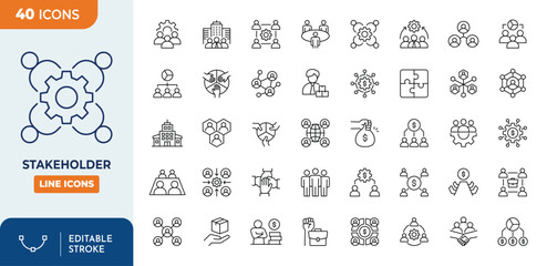 Stakeholder line editable icon set. Containing business, collaboration, teamwork, Management, investors, partners, employees, and more. Editable stroke. Vector illustration