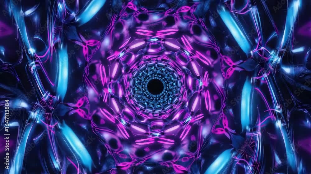Poster purple and blue lights are glowing and creating a futuristic kaleidoscope pattern that forms a mesme