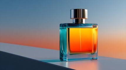 Elegant Glass Perfume Bottle with Gradient Colors of Orange and Blue Against a Sunset Background