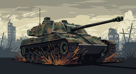 Fototapeta premium Camouflaged tank dominates war-torn landscape, highlighting destruction