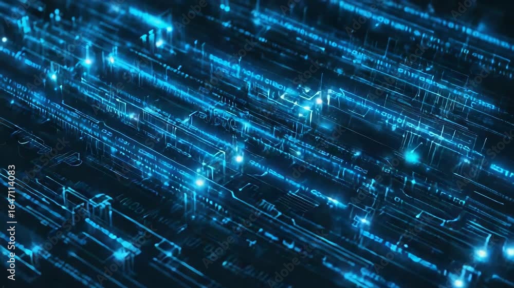 Poster futuristic printed circuit board pcb is processing binary code and data is flowing through electroni