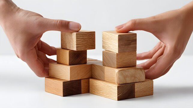 Hands Assembling Wooden Blocks in a Creative Collaborative Design Process