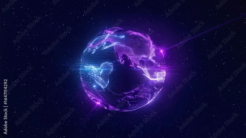 Poster light beam pointing to a digital earth globe rotating in space with glowing particles and a starry b