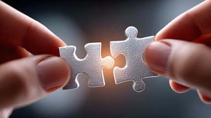 Two Hands Connecting Puzzle Pieces Symbolizing Collaboration and Problem Solving with Soft Light