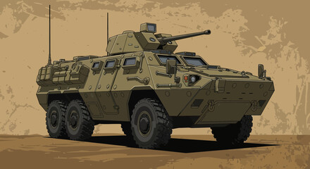 Detailed Armored Vehicle Illustration with Desert Camouflage Aesthetic