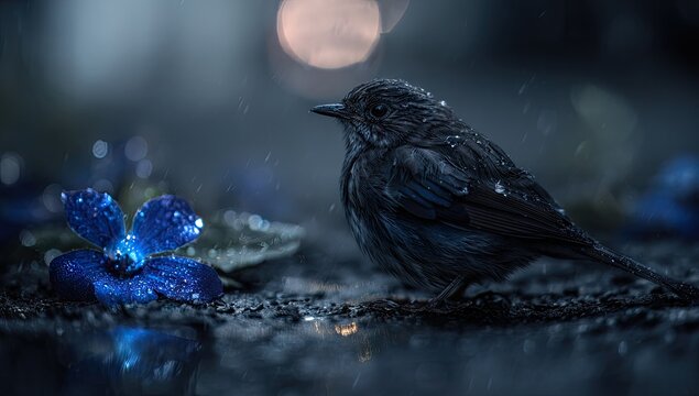 A dark, wet bird perched on damp ground, bathed in blue moonlight, beside a glowing flower