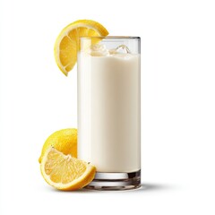 Glass of creamy, refreshing drink, garnished with lemon slices and ice