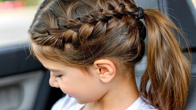 Enjoying a stylish braid and ponytail hairstyle on a sunny day in the car