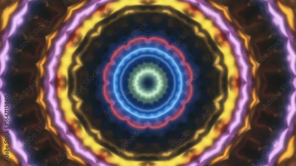 Poster vibrant neon colors blend seamlessly in a circular kaleidoscope design, forming a mesmerizing symmet