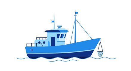 Fototapeta premium Illustrated fishing vessel sailing on the water, vector design, blue color palette