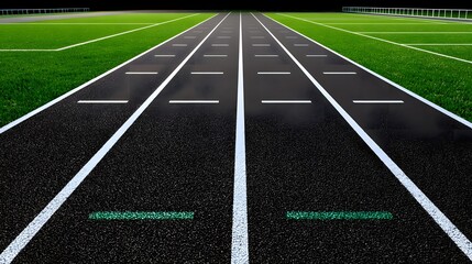 Empty Running Track with Straight Lines and Lush Green Grass Surrounding in a Sports Field